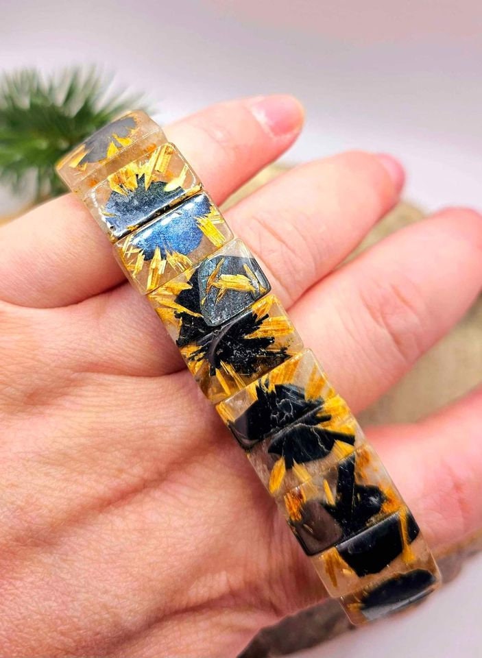 Premium Gold Rutilated Titanium Flower Rectangular Beads Feng Shui Bracelet