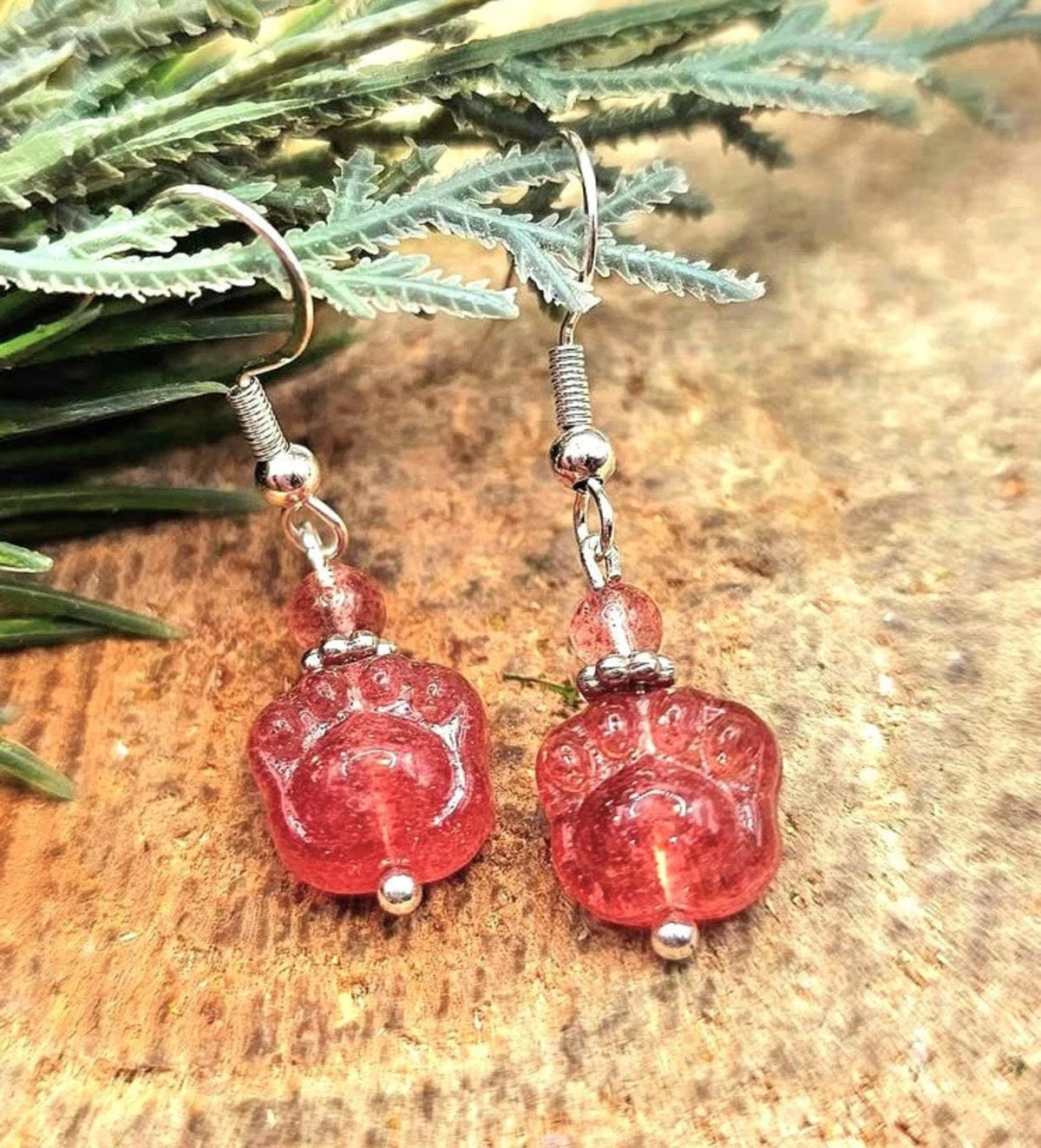 Strawberry Quartz Hand Carved Paw S925 Earrings HD