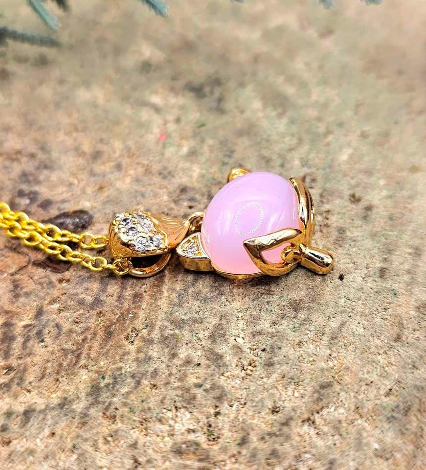 Nature Rose Quartz Gold Tone Fox Pendant Necklace