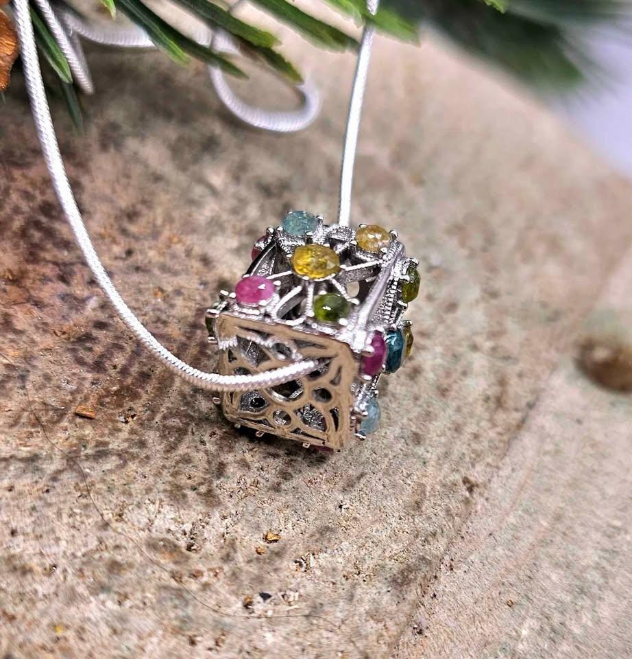 Nature Rainbow Faceted Tourmaline Rectangular Cage Pendant Necklace