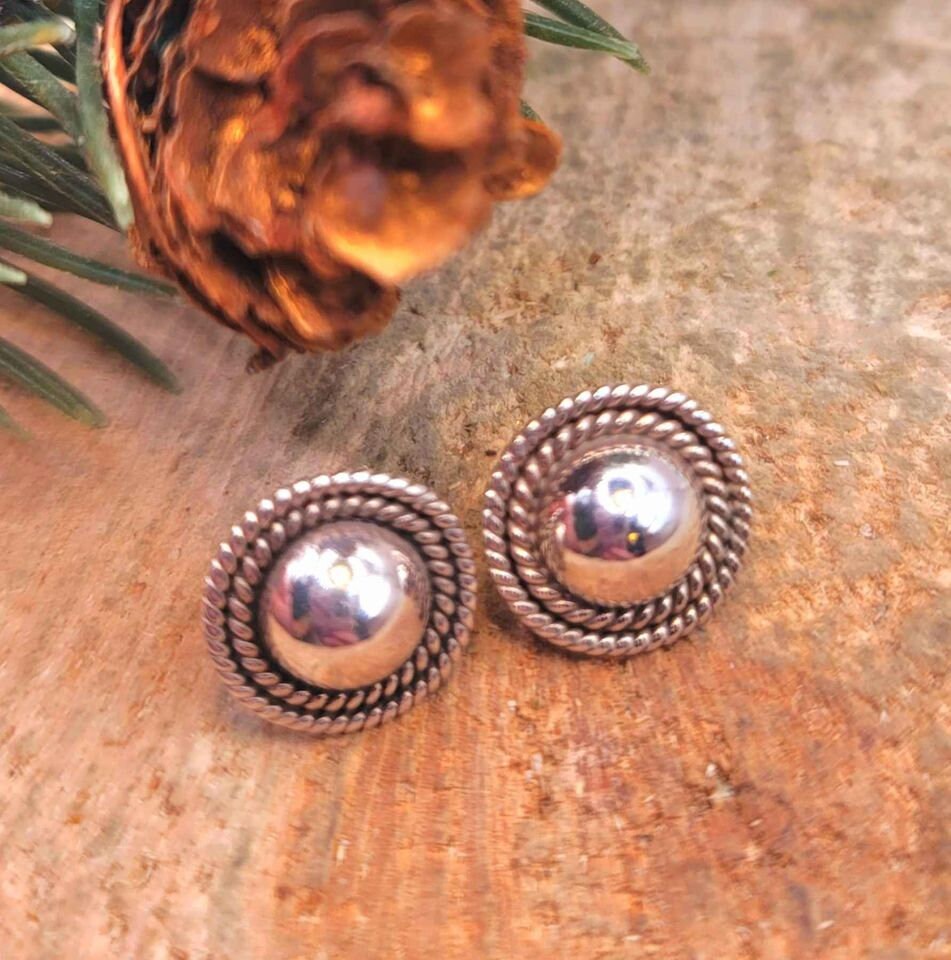 Beautiful 2 Pairs Of Nature Turquoise & Sterling Silver Patterned Earstuds