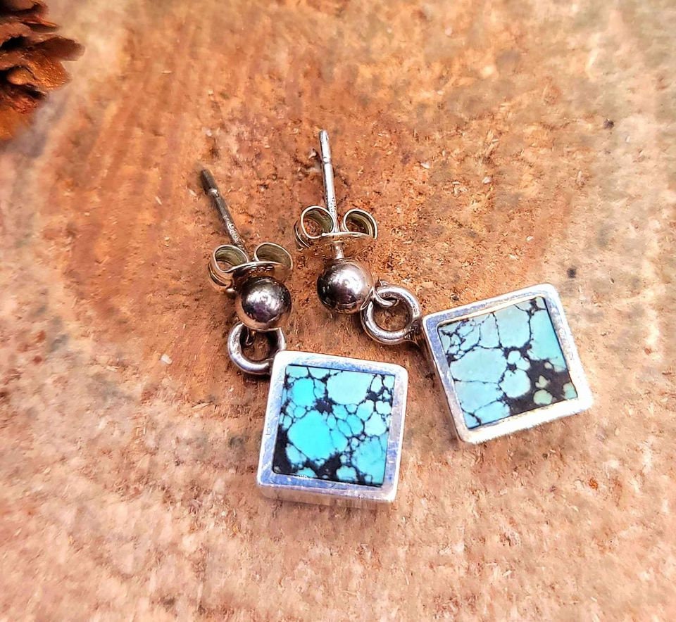 Beautiful Nature Turquoise Square Sterling Silver Earring