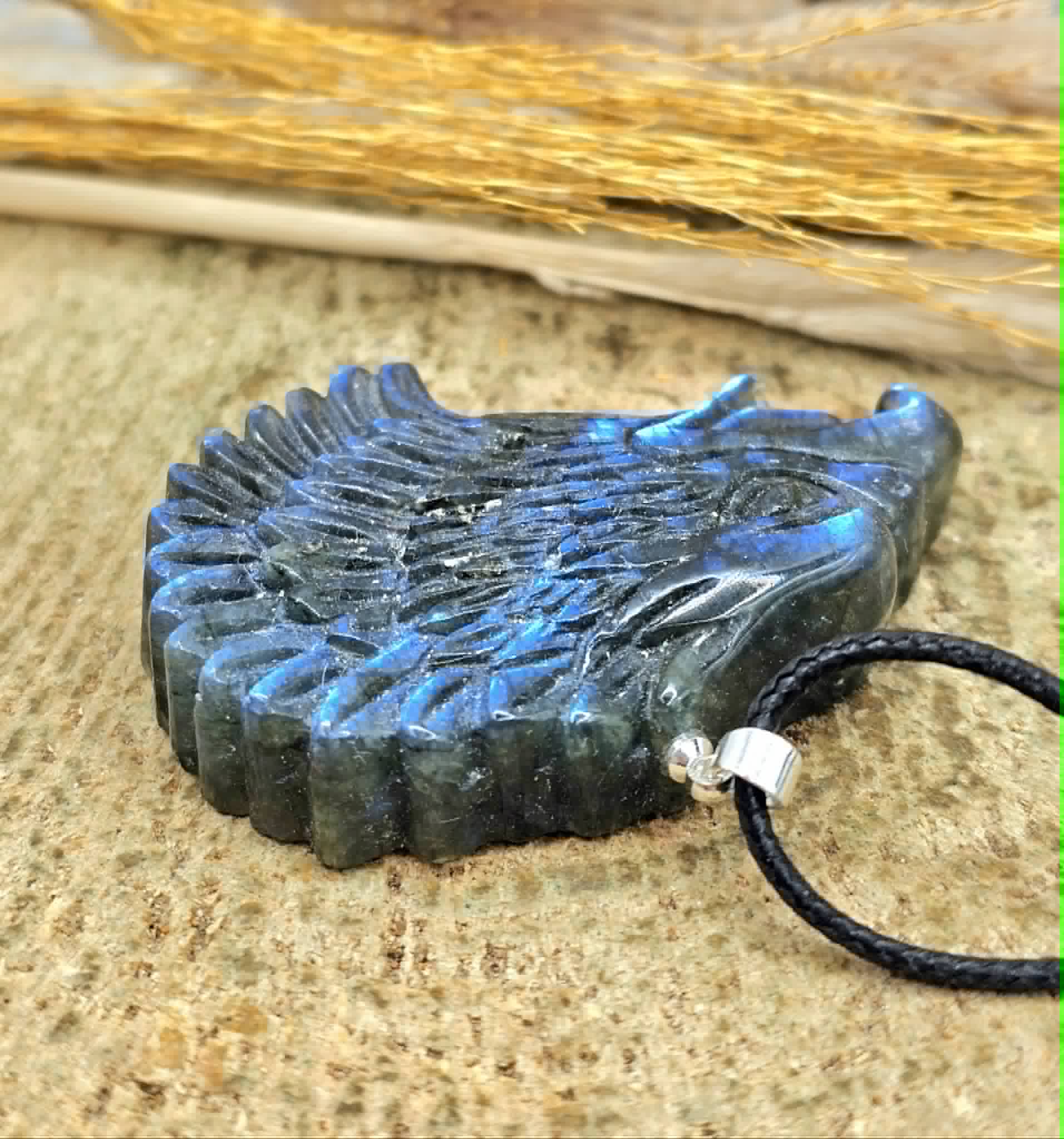 Labradorite flashy eagle head pendant necklace size reference — My Aura Gemstones