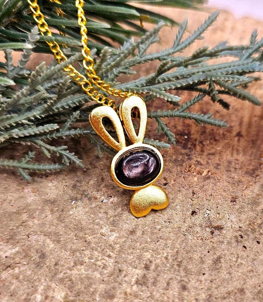 Silver Obsidian Flashy Stone Gold Matte Cute Bunny Pendant Necklace