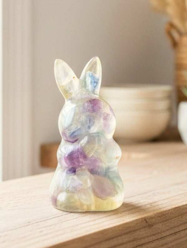 Natural Fluorite Crystal chips blessing rabbit crystal decor figurine display at home view — My Aura Gemstones