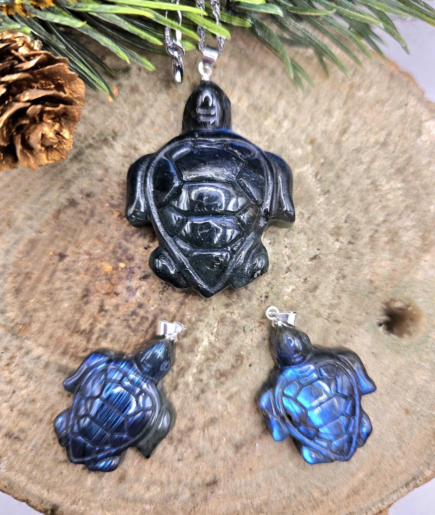 Nature Labradorite Carved Big Sea Turtle  Pendant Necklace