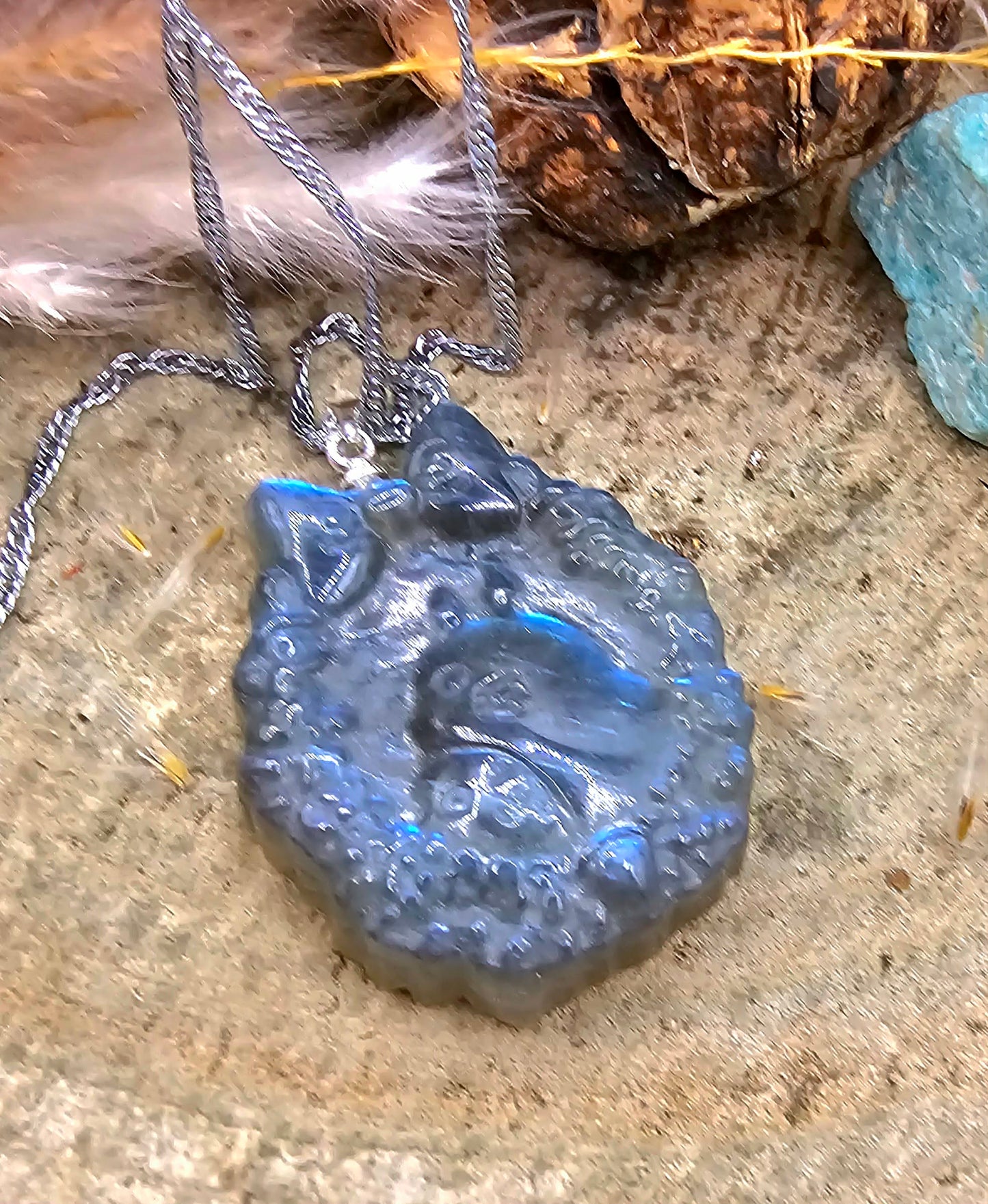 Nature Labradorite Flashy Totoro Portrait Pendant Necklace