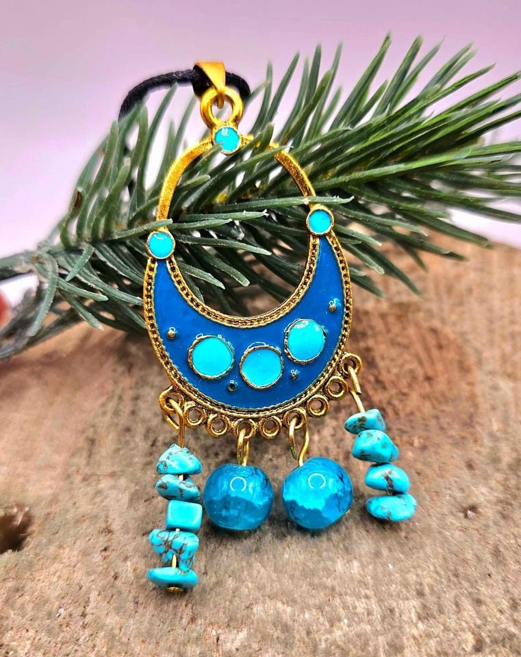 2pcs Turquoise Howlite Pendant And Chunky Cuff Bracelet Set