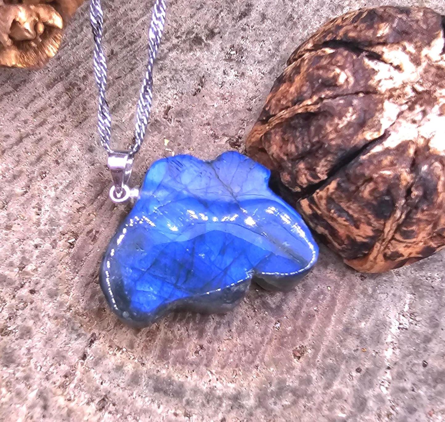 Nature Labradorite Carved Flashy Sleeping Butterfly Fairy Pendant Necklace