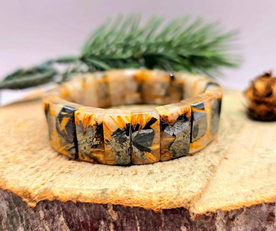 Premium Gold Rutilated Titanium Flower Rectangular Beads Feng Shui Bracelet
