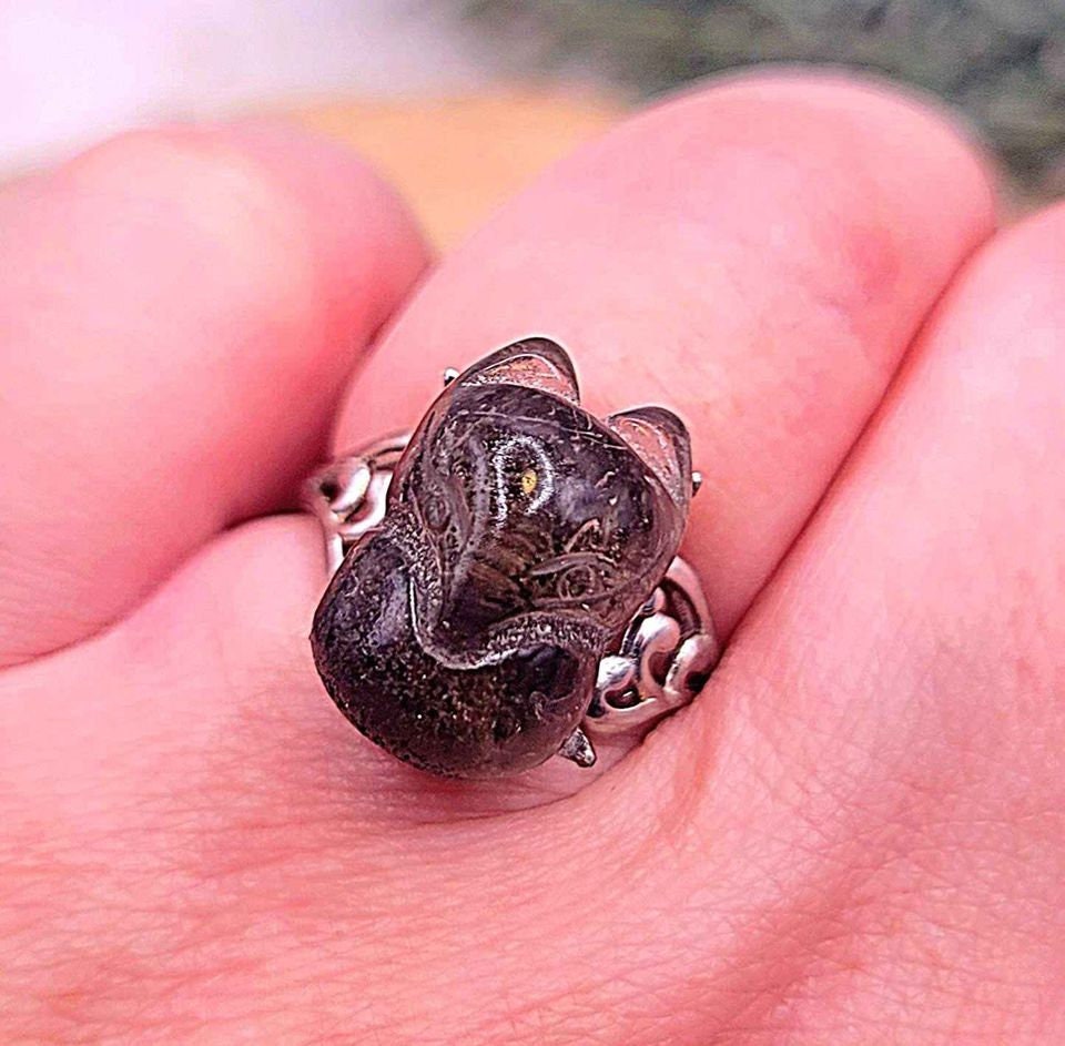 Beautiful Nature Phantom Quartz Hand Carved Fox Adjustable Ring