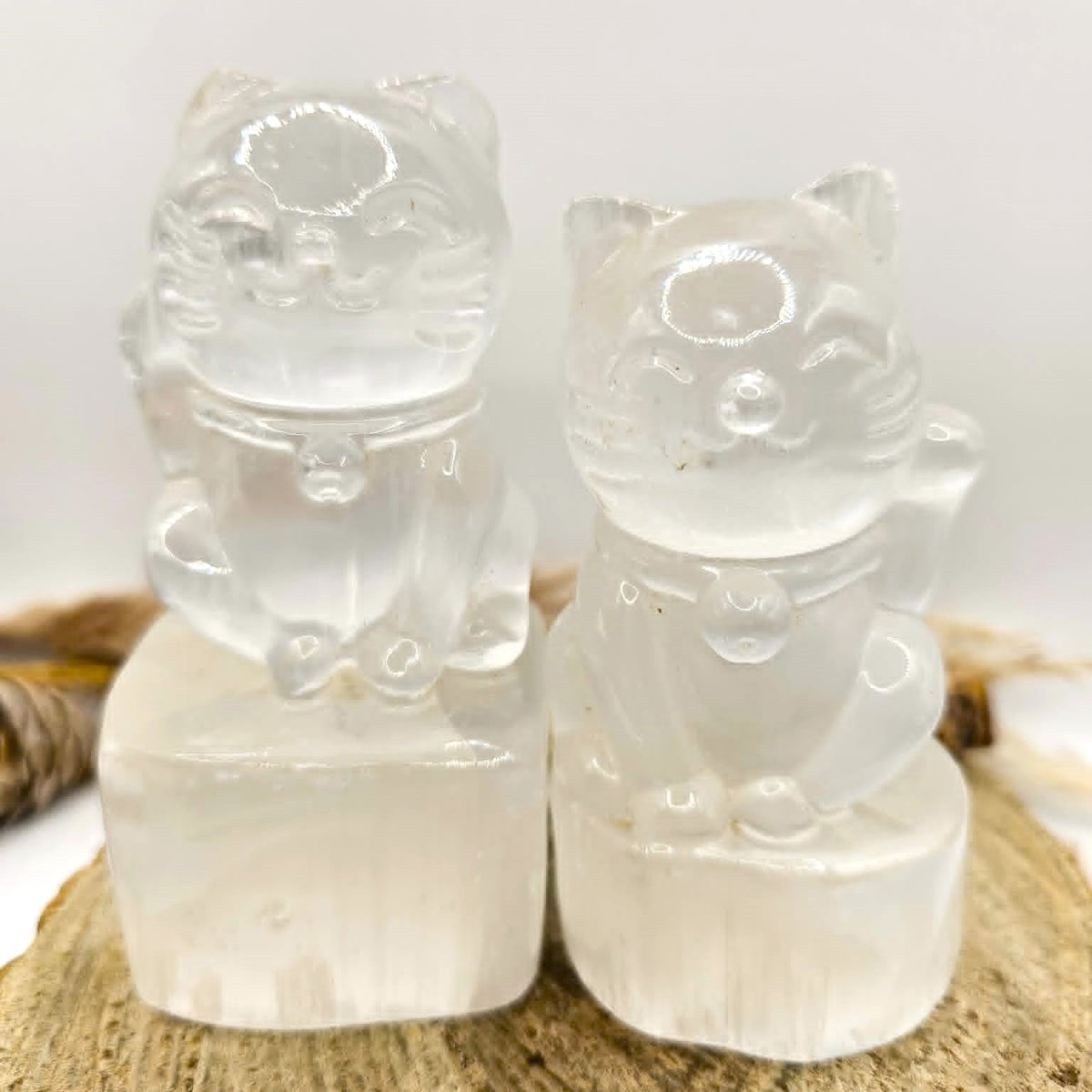 Selenite lucky cat figure detail, part of the Lucky Cat Duo bundle - My Aura Gemstones