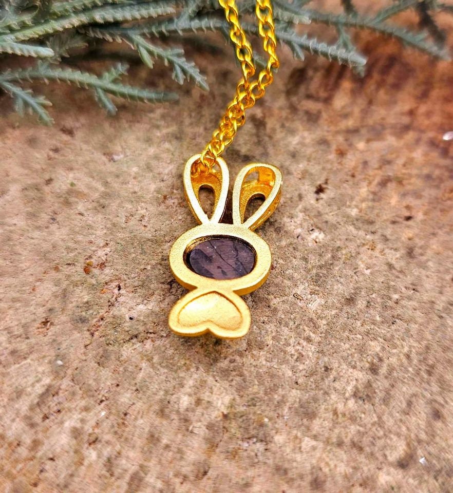 Silver Obsidian Flashy Stone Gold Matte Cute Bunny Pendant Necklace