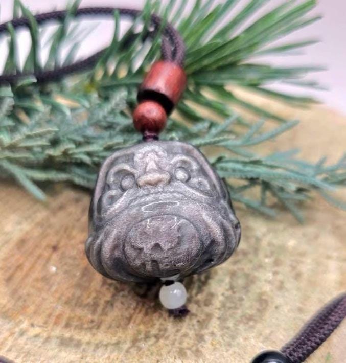 Nature Silver Obsidian Cat Eye Flash Daruma Doll Pendant Necklace