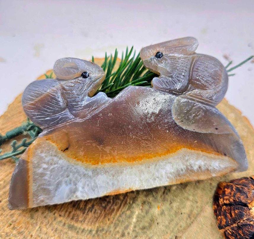 Nature Agate Slice Hand Carved Rabbit Pair On Hill  4.5" Figure.