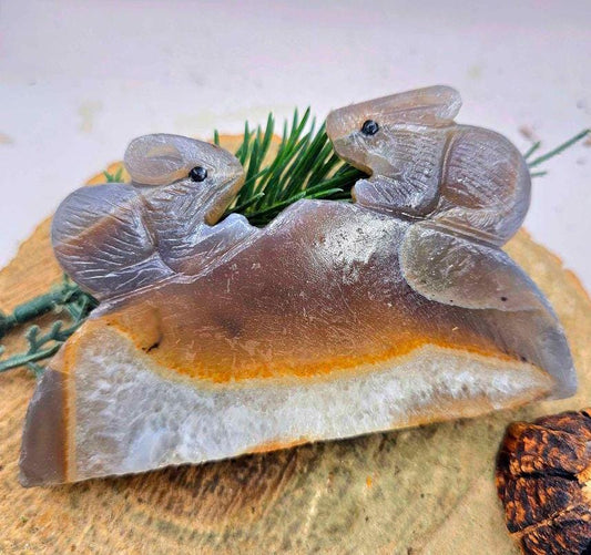 Nature Agate Slice Hand Carved Rabbit Pair On Hill  4.5" Figure.