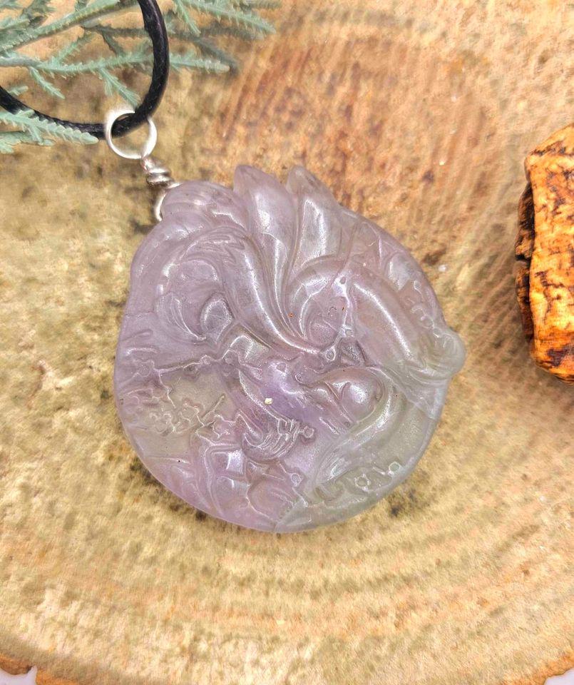 Nature Purple Fluorite Hand Carved Nine Tails Fox Pendant Necklace