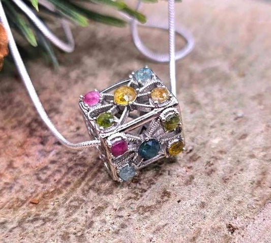 Nature Rainbow Faceted Tourmaline Rectangular Cage Pendant Necklace