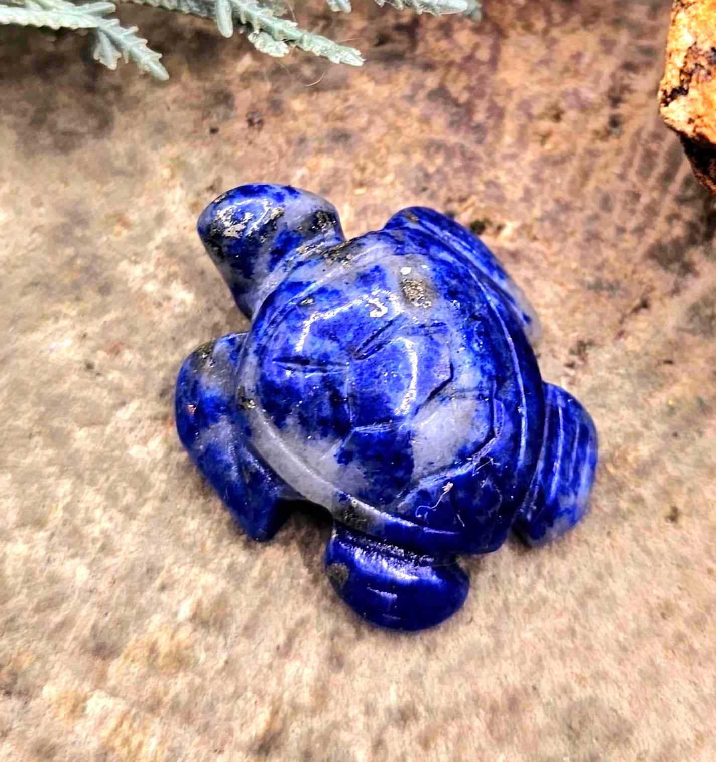 Nature Lapis Lazuli Carved Cute Turtle Wire Wrapped Pendant Necklace