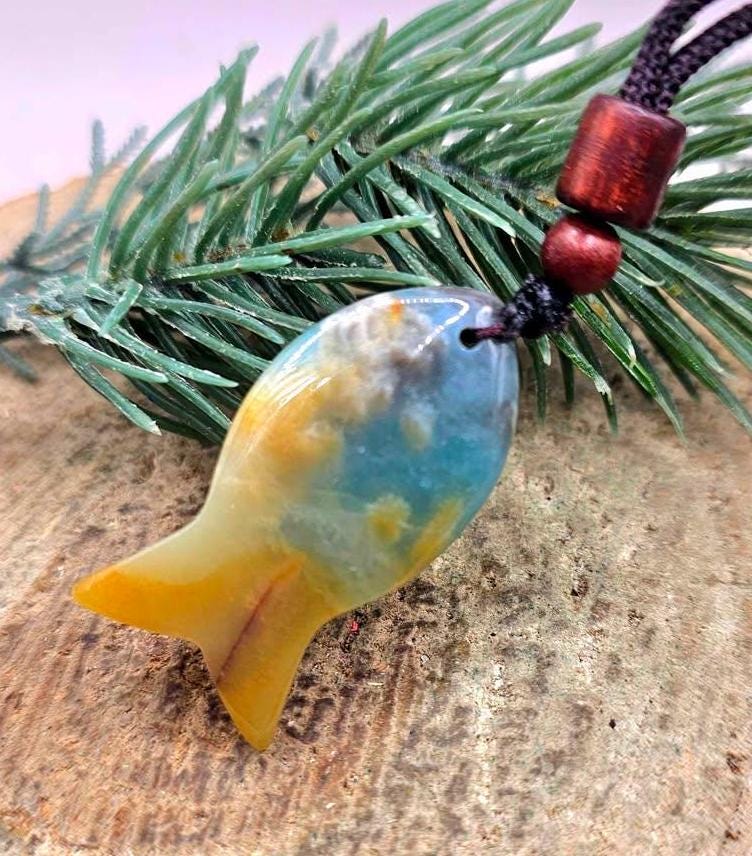 Nature Ocean Jasper Agate Colorful Fish Pendant Necklace