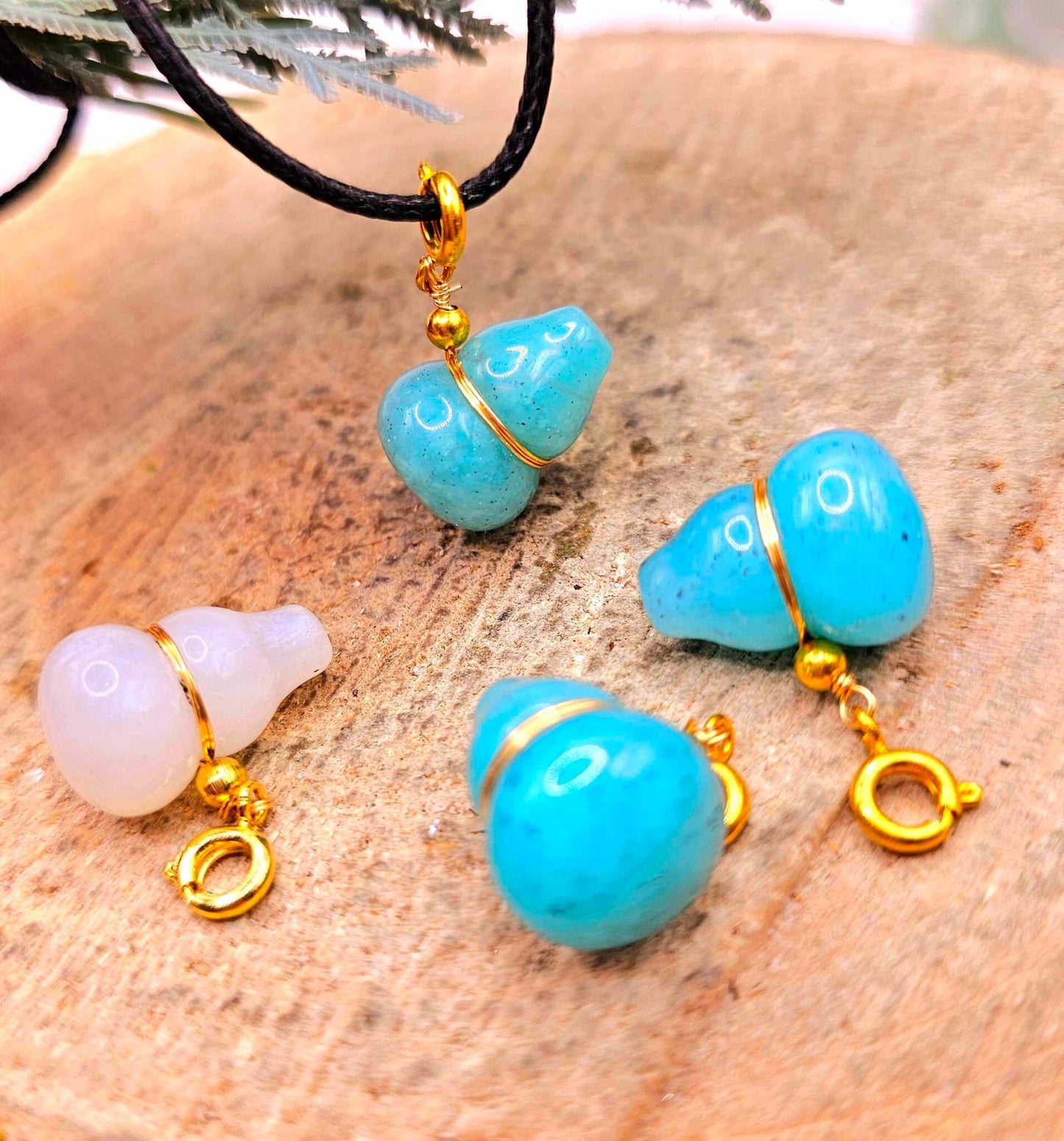 Nature Stone Carved Blessing Gourd Gold Accent Pendant Necklace