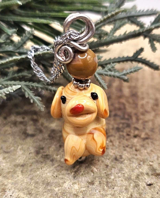 Cute Venetian Glass Hand Blown Dog & Agate Pendant Necklace