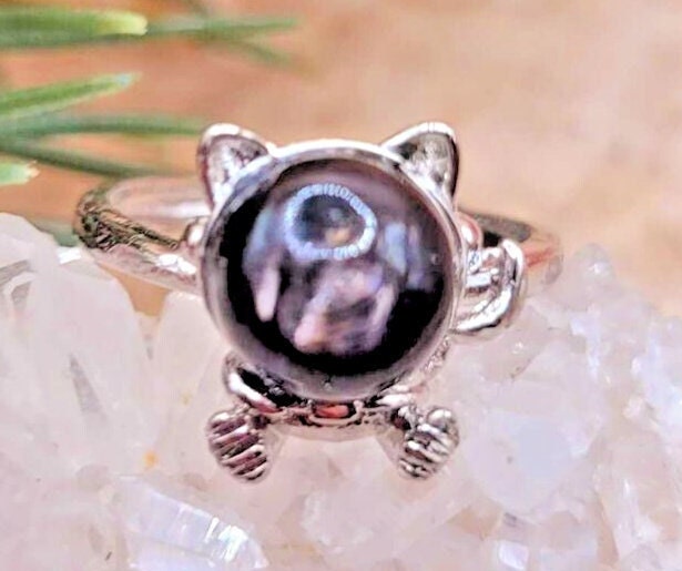 Adorable Nature Hypersthene Cat Eye Flash Silver Cat Design Adjustable Ring