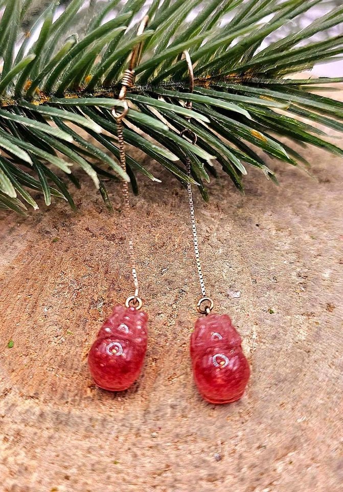 Nature Strawberry Quartz Hand Carved Pi Xiu Blessing Coin S925 Dangle Earring