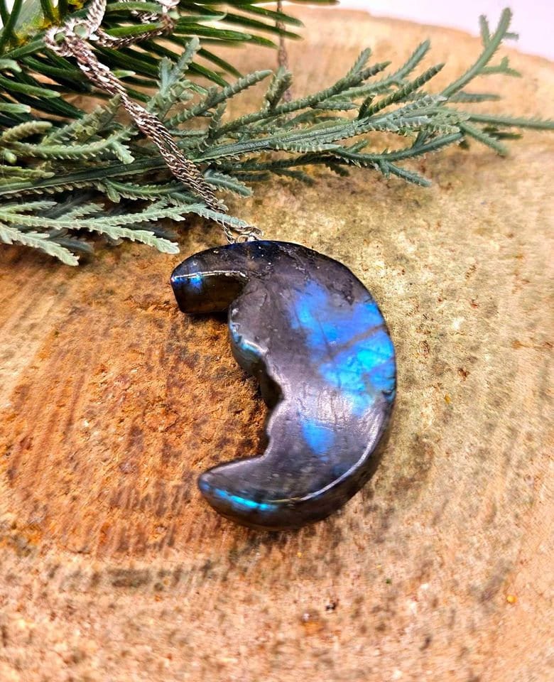 Nature Labradorite Carved Mermaid Sleeping On Moon Pendant Necklace