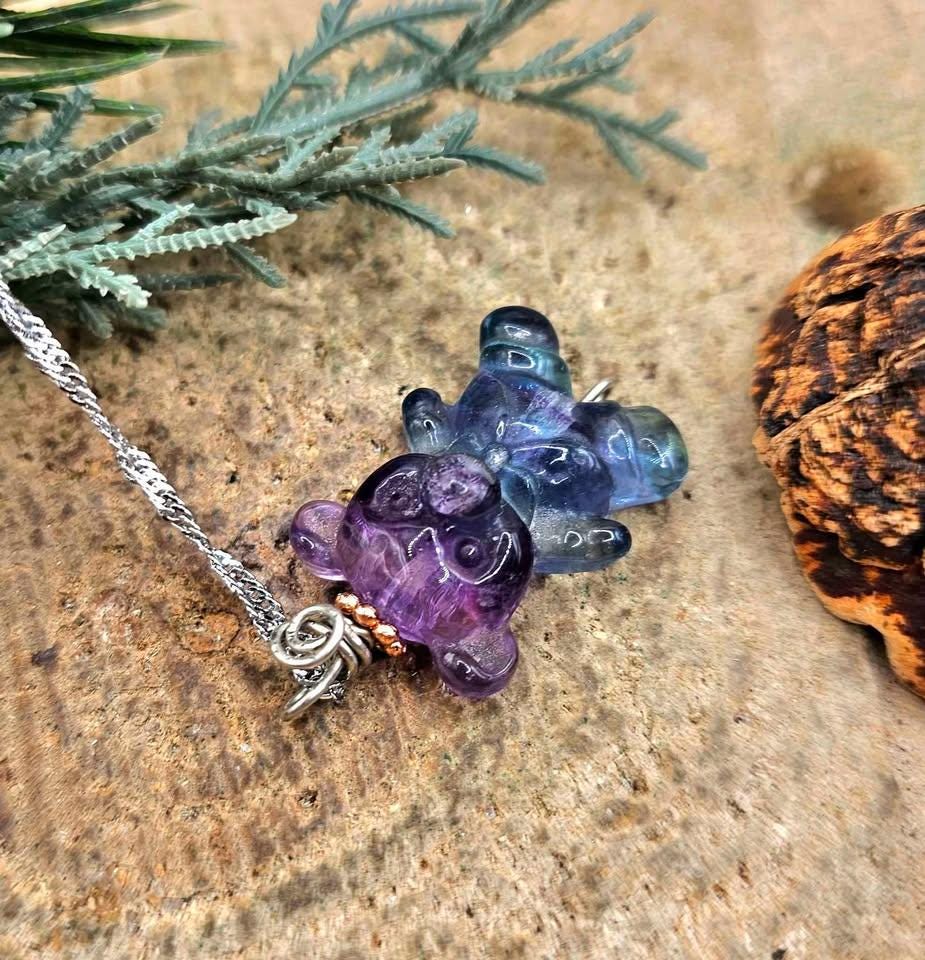 Nature Rainbow Fluorite Carved Bear Pendant Necklace