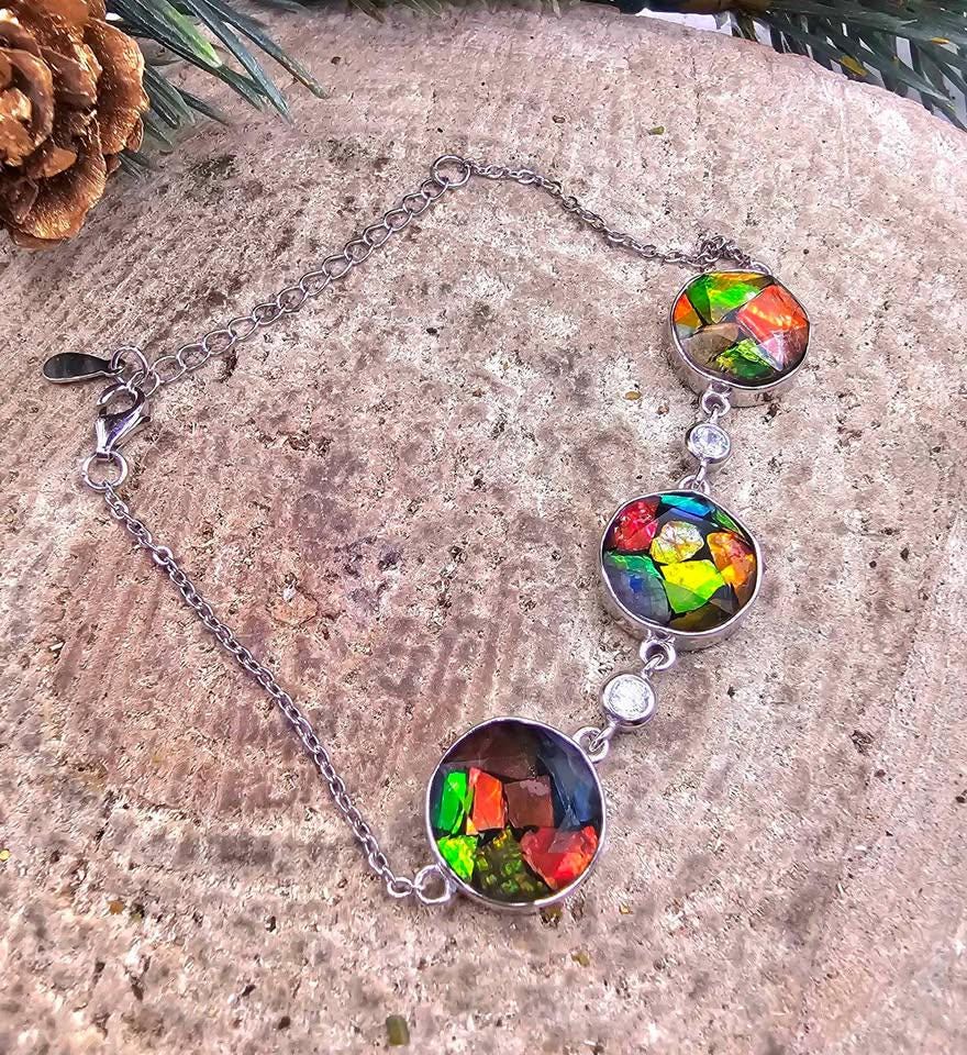 Nature Rainbow Flashy Ammolite Inlay 925 Bracelet