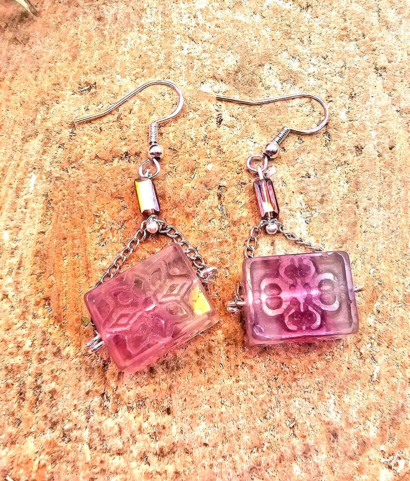 Unique Nature Rainbow Fluorite Blessing Fret Symbols Block S925 Dangle Earring