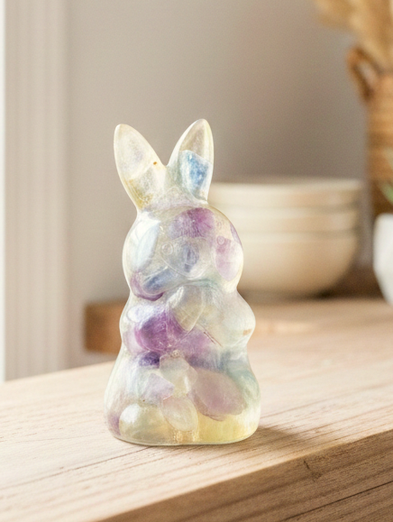 Natural Fluorite Crystal chips blessing rabbit crystal decor figurine display at home view— My Aura Gemstones