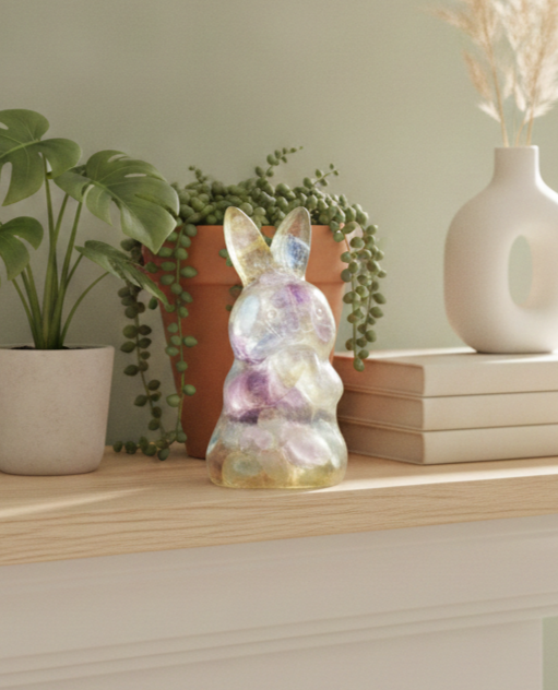 Natural Fluorite Crystal chips blessing rabbit crystal decor figure in indoor room — My Aura Gemstones