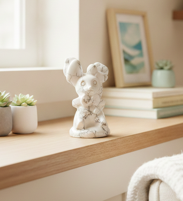 A 2.6" white howlite rabbit figurine with natural gray veining, displayed on a light wood shelf in a bright, modern room setting.
