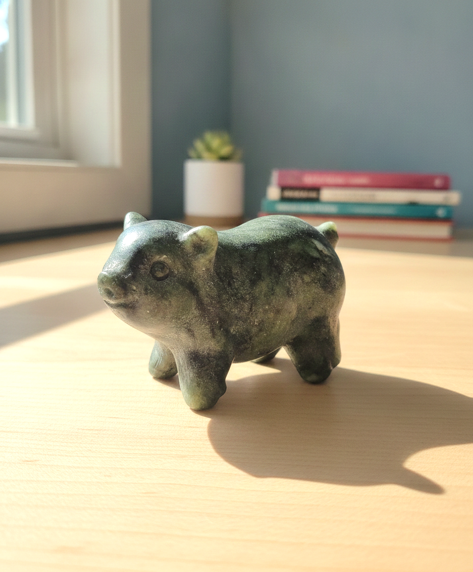 A small Serpentine green stone bear figurine standing on a light wooden table in warm natural sunlight, with a blurred indoor background showing a window, books, and a small plant.