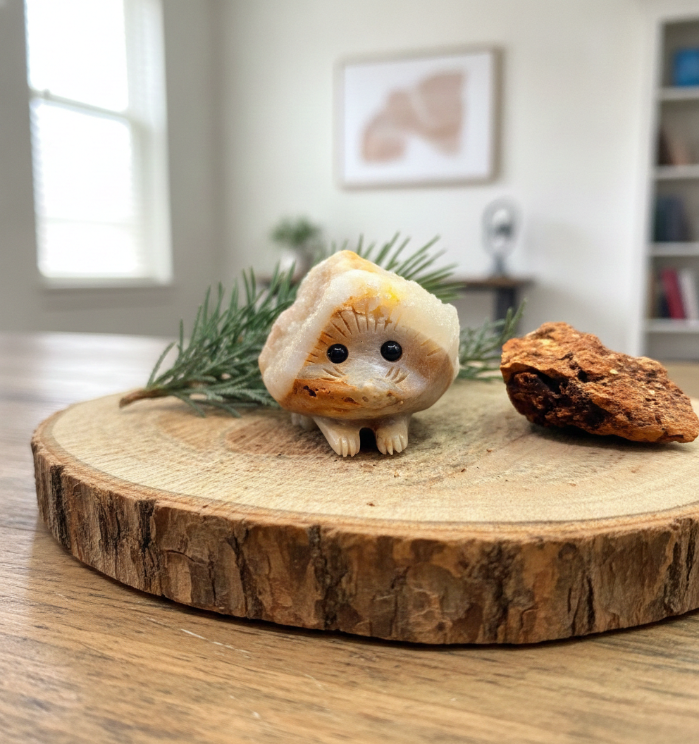 A small carved hedgehog figurine resembling a creature or animal with a beige and cream body, black eyes, and small feet, displayed on a round wood slice with pine branches and a brown rock in a softly blurred indoor setting.