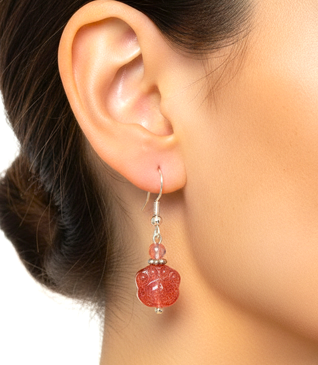 Strawberry quartz cat paw S925 earrings close-up — My Aura Gemstones
