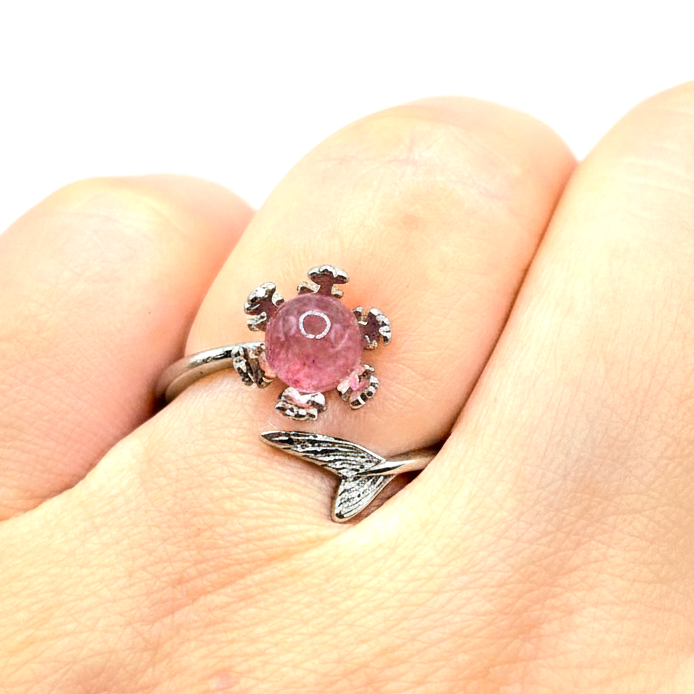 Natural strawberry quartz sphere ring with silver‑tone mermaid tail open band-My Aura Gemstones