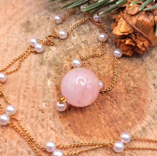 Beautiful Nature Pink Morganite White Beads Accent Rose Gold Necklace