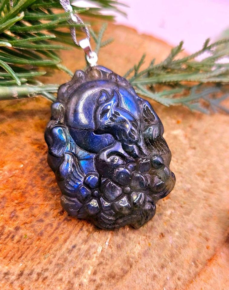 Beautiful Nature Labradorite Nine Tails Fox Cherry Blossom Pendant Necklace