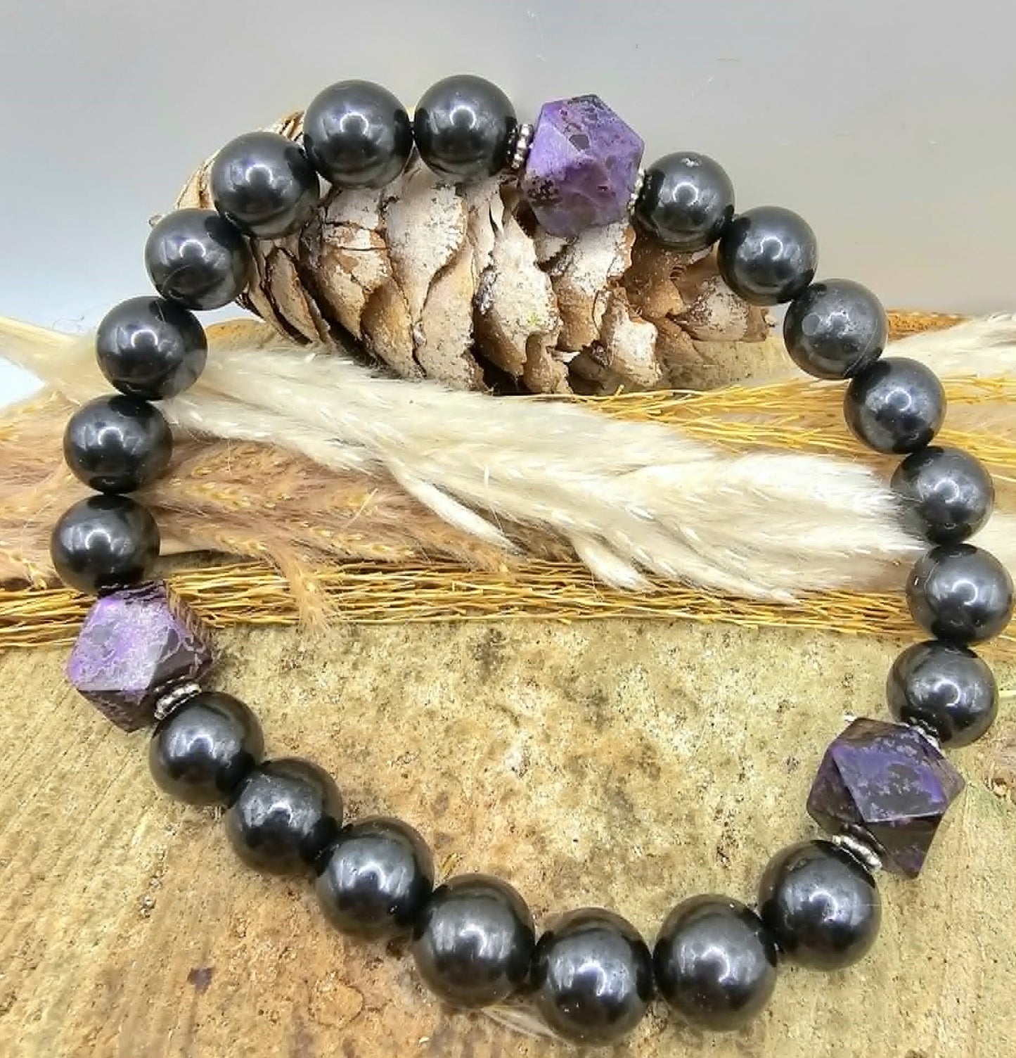 Custom Iron Sugilite Bracelet – Natural Iron Sugilite Round Beads with 3 Purple Sugilite Accent Stones