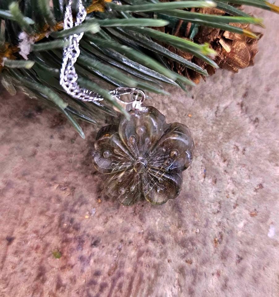 Nature Labradorite Carved Flashy Cherry Blossom Pendant Necklace