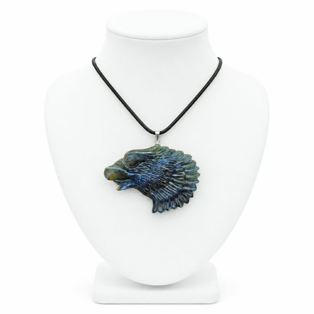 Labradorite flashy eagle head pendant necklace flash close-up — My Aura Gemstones
