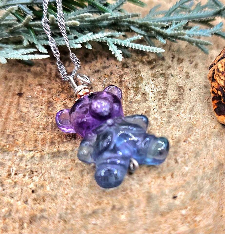 Nature Rainbow Fluorite Carved Bear Pendant Necklace