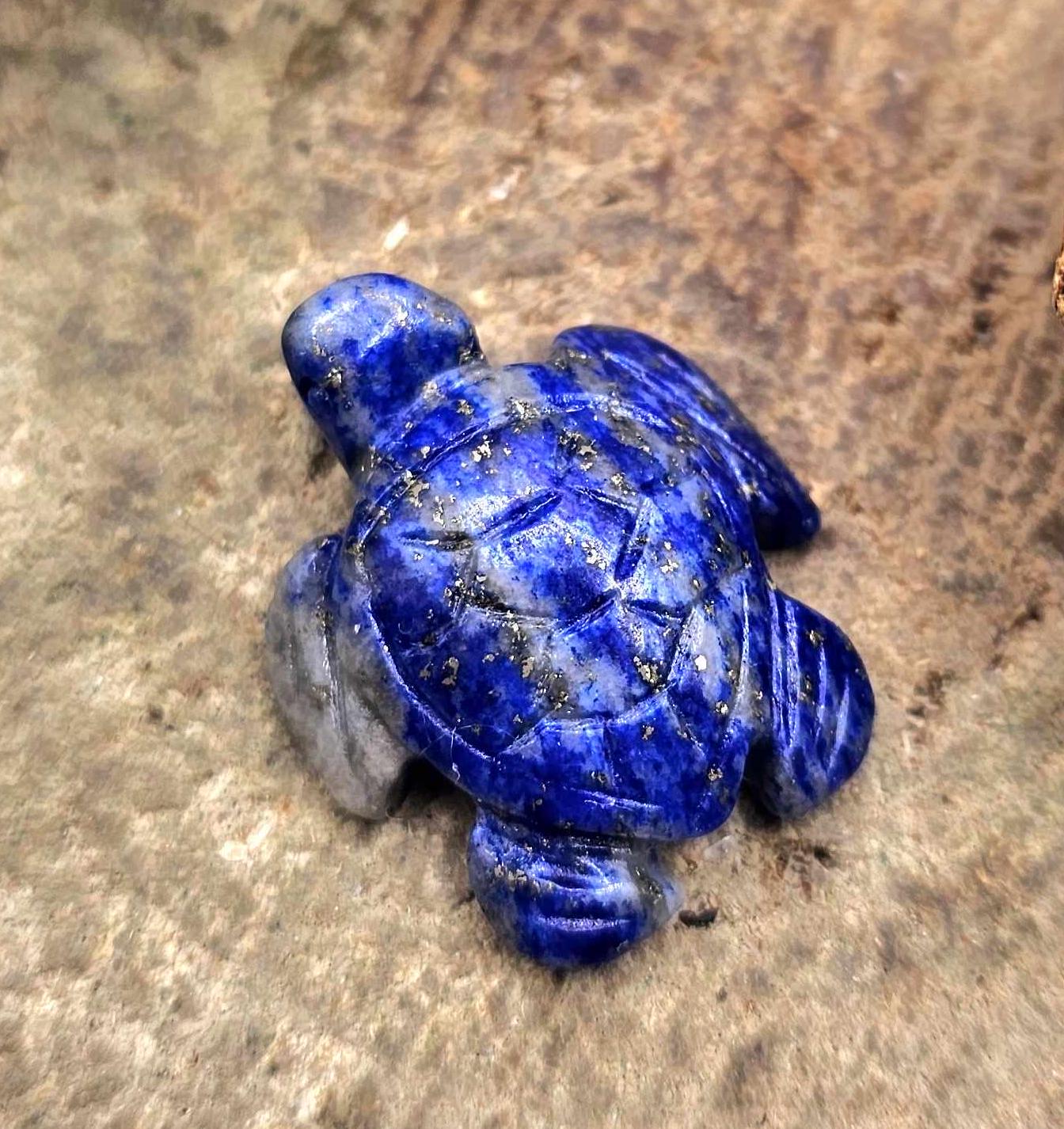 Nature Lapis Lazuli Carved Cute Turtle Wire Wrapped Pendant Necklace