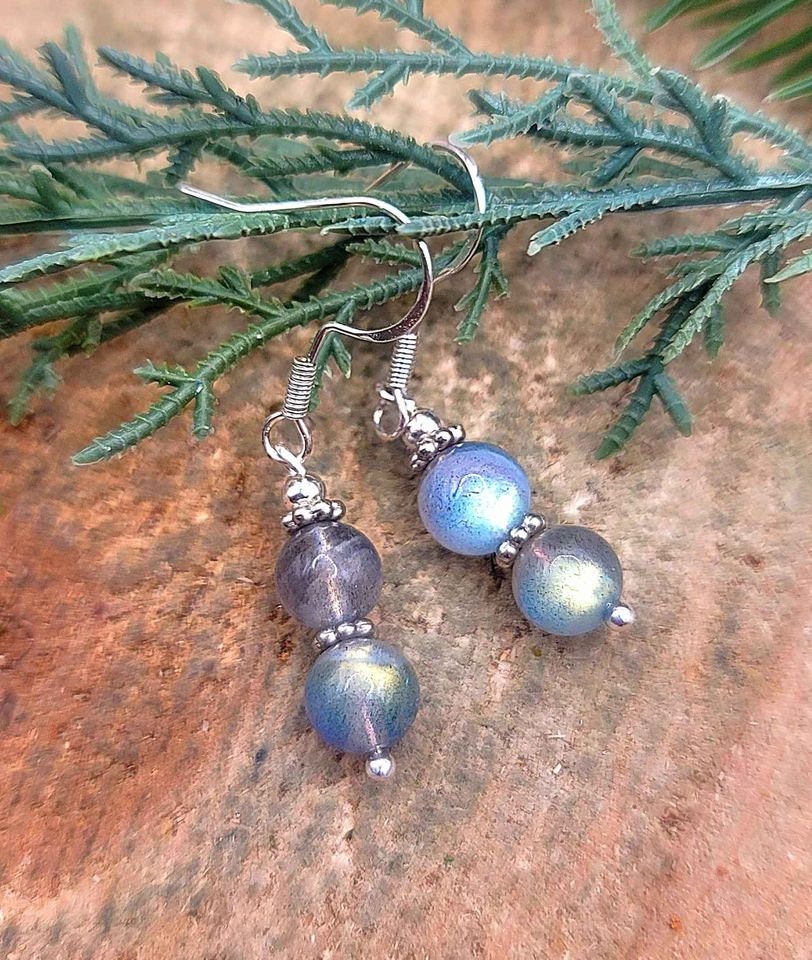 Flashy Nature Labradorite Double Round Beads Dangle Earring