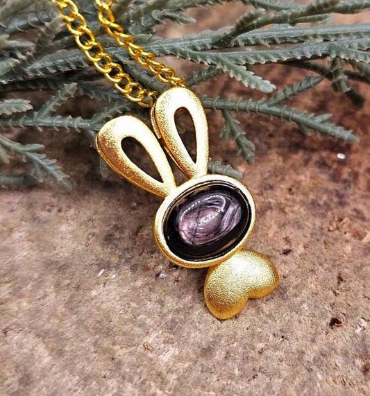 Silver Obsidian Flashy Stone Gold Matte Cute Bunny Pendant Necklace