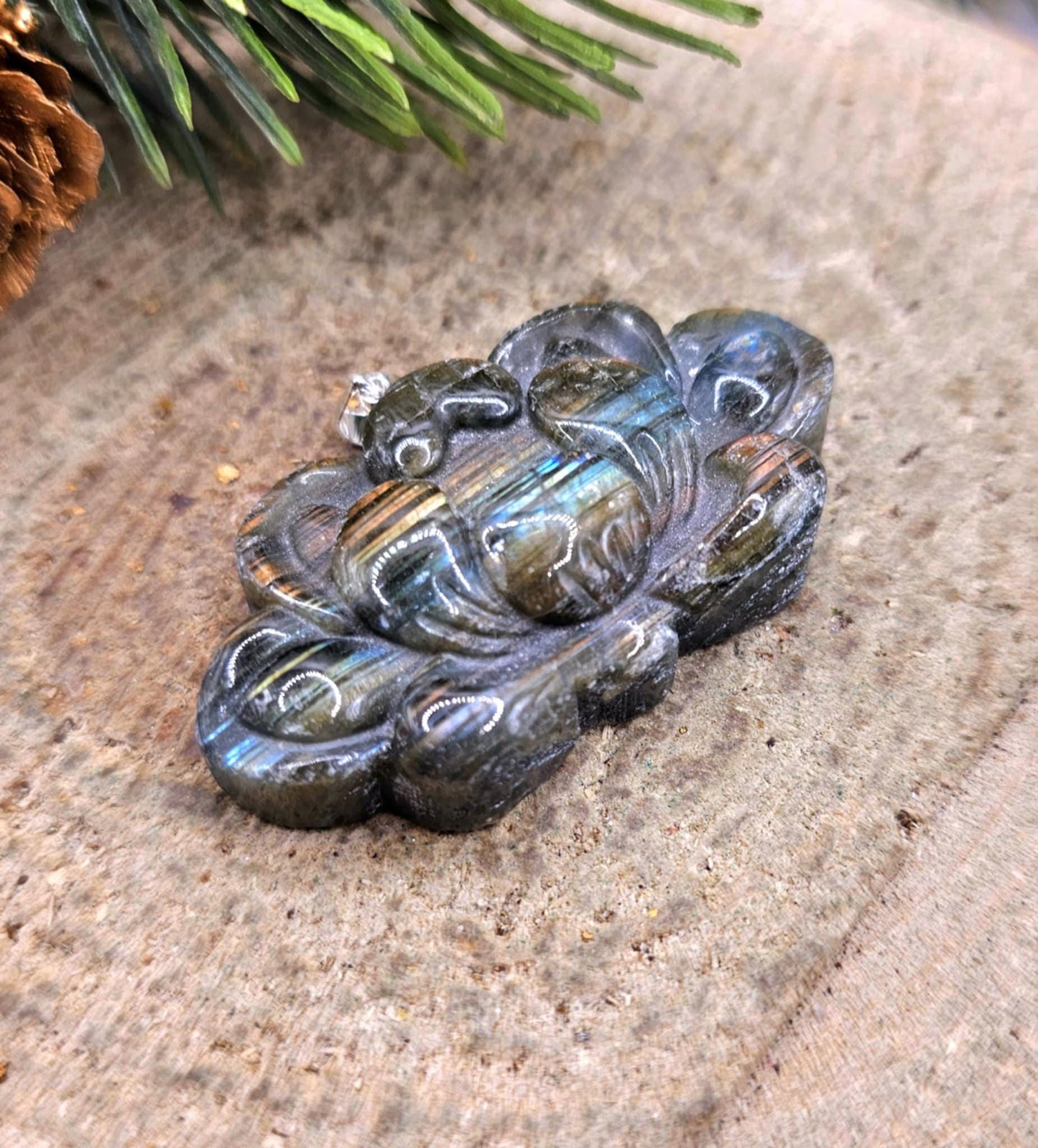 Nature Labradorite Carved Flashy Big Blossom Lotus Pendant Necklace