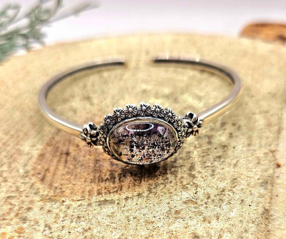 Nature Black Super Seven Crystal Sterling Silver S925 Bangle